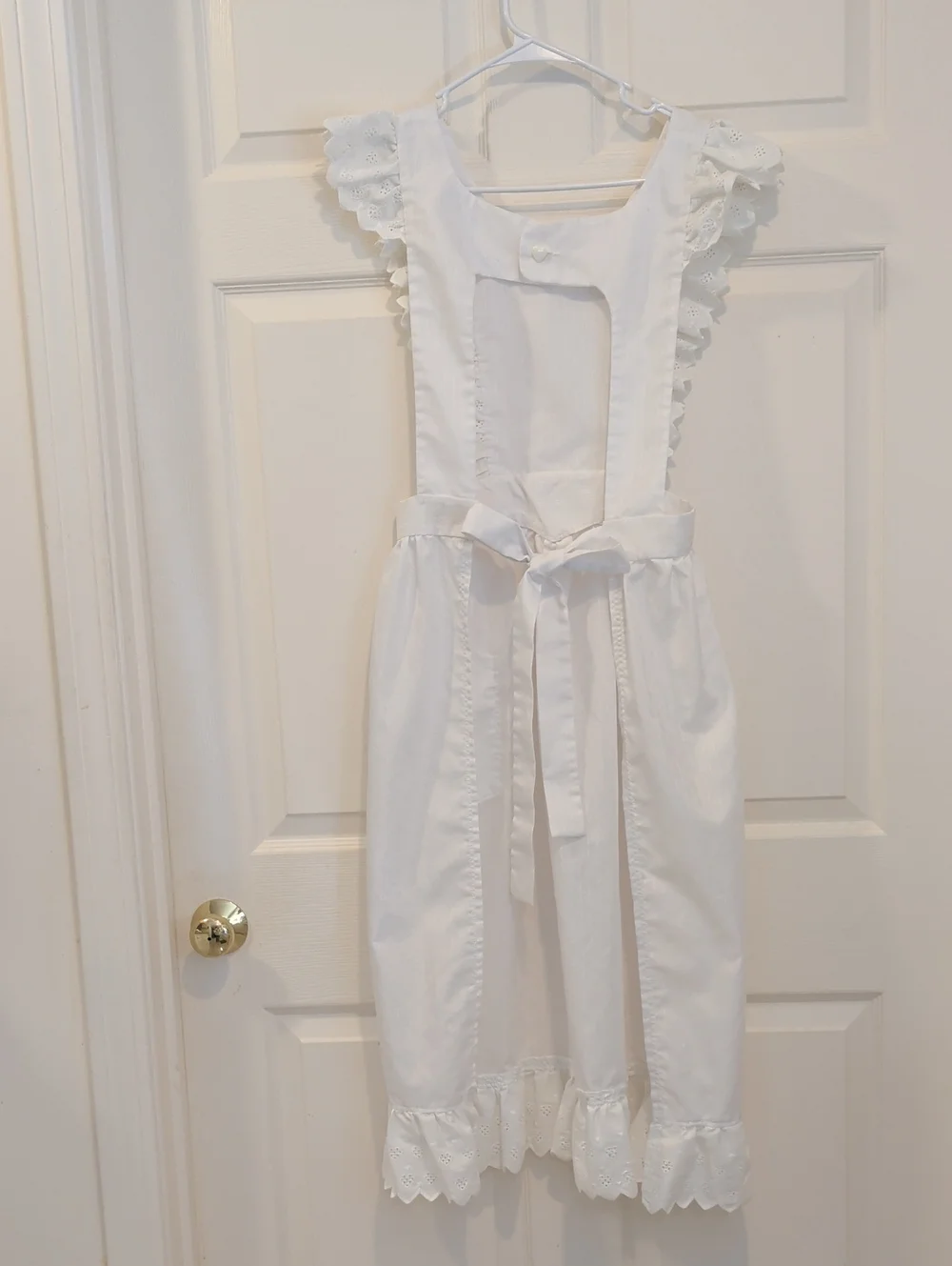 Hand Made White Eyelet Ruffle Apron with Waist Tie and Heart Button